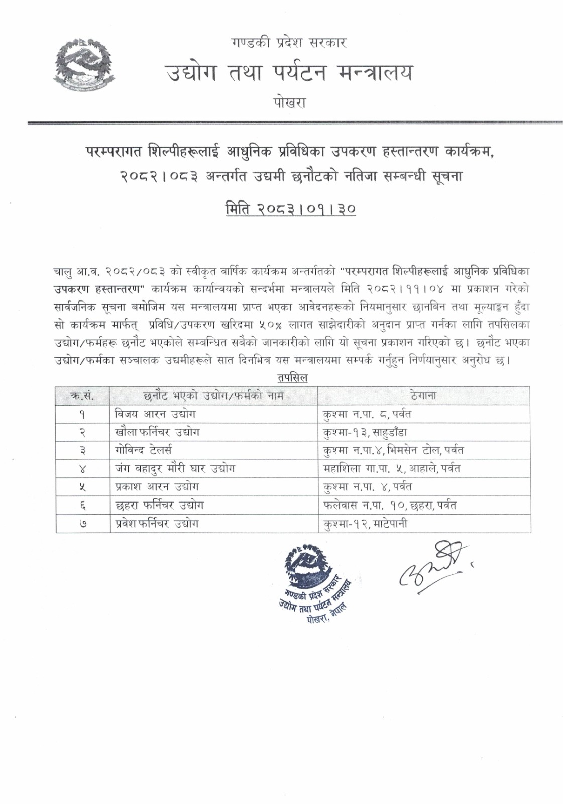 परम्परागत शिल्पीहरुलाई आधुनिक प्रविधिका उपकरण हस्तान्तरण कार्यक्रम आ.ब. ०८२/८३ अन्तर्गत उद्यमी छनौटको नतिजा सम्बन्धी सूचना